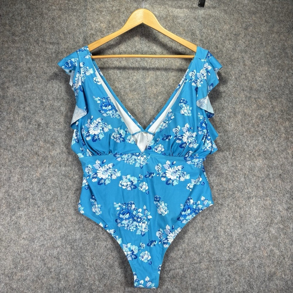 CupShe One Piece Bathing Suit Womens Size 2x Blue White Floral XXL Ruffle sleeve